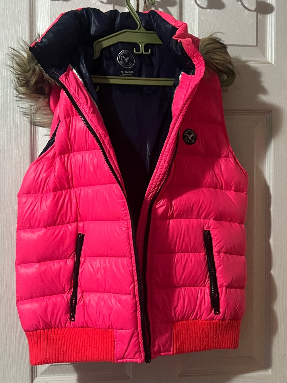American Eagle Outfitters Neon Pink Quilted Puffer Vest with Faux Fur Trim